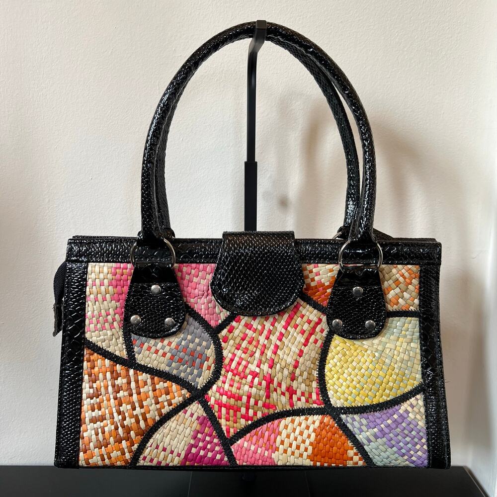 Abstract Print Y2K Multicolor Straw Black Patent Leather Shoulder Bag